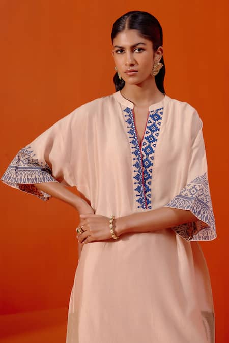 Shop_Devnaagri_Beige Silk, Chanderi Embroidery Paisley Block Print Kaftan And Palazzo Set _Online_at_Aza_Fashions