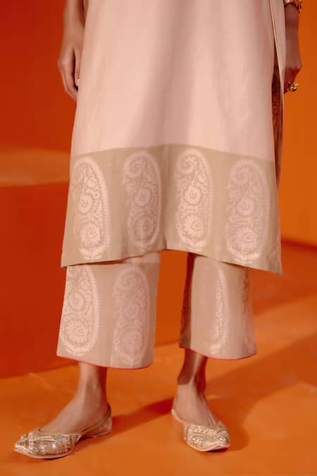 Devnaagri_Beige Silk, Chanderi Embroidery Paisley Block Print Kaftan And Palazzo Set _at_Aza_Fashions