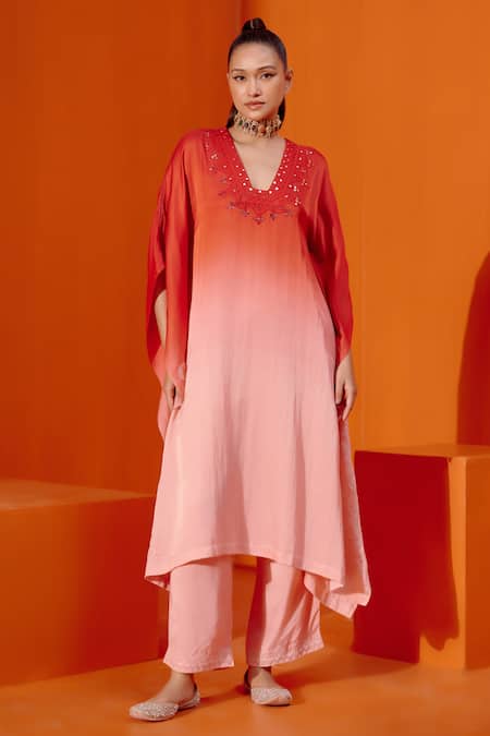 Devnaagri_Red Satin, Silk, Mirrors, Ombre Work Kaftan And Palazzo Set _Online_at_Aza_Fashions