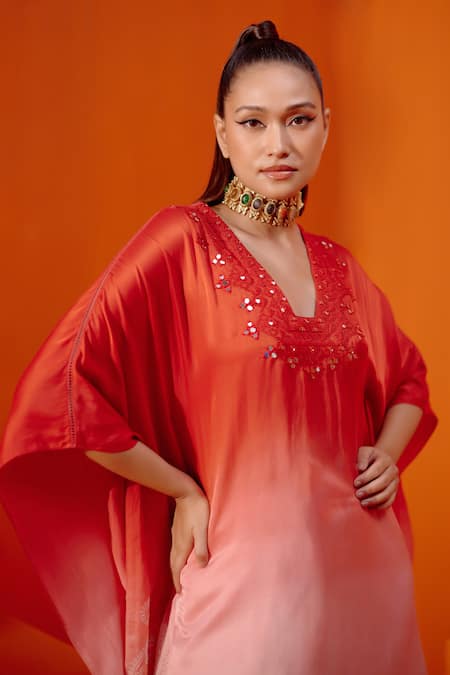 Buy_Devnaagri_Red Satin, Silk, Mirrors, Ombre Work Kaftan And Palazzo Set _Online_at_Aza_Fashions