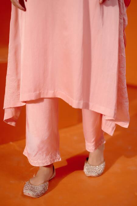 Shop_Devnaagri_Red Satin, Silk, Mirrors, Ombre Work Kaftan And Palazzo Set _Online_at_Aza_Fashions