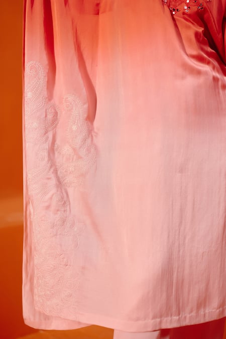 Devnaagri_Red Satin, Silk, Mirrors, Ombre Work Kaftan And Palazzo Set _at_Aza_Fashions