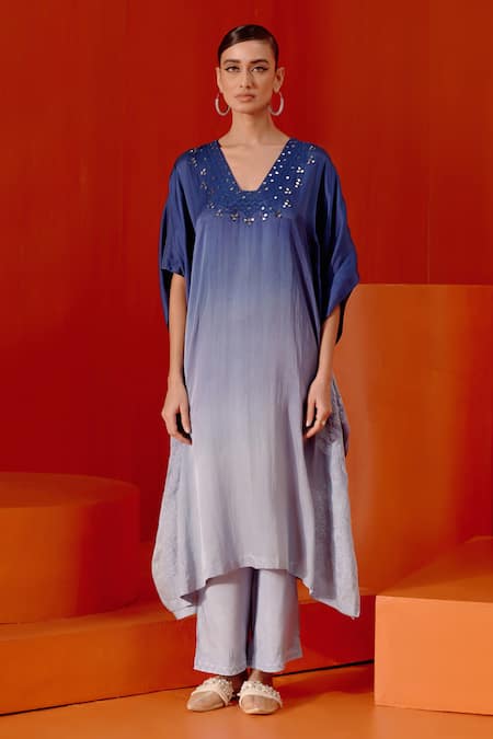 Devnaagri_Blue Cotton, Satin, Embroidery, Work Ombre Kaftan And Palazzo Set _Online_at_Aza_Fashions