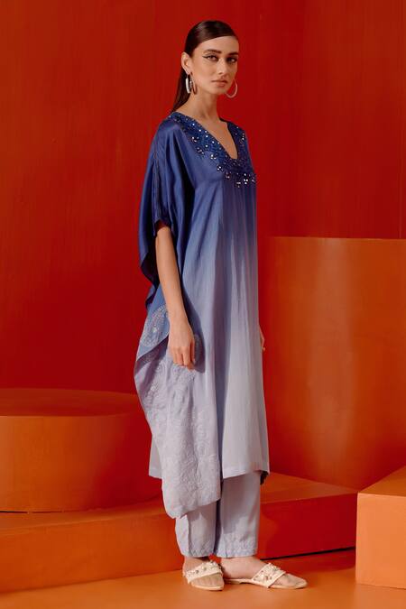 Buy_Devnaagri_Blue Cotton, Satin, Embroidery, Work Ombre Kaftan And Palazzo Set _Online_at_Aza_Fashions