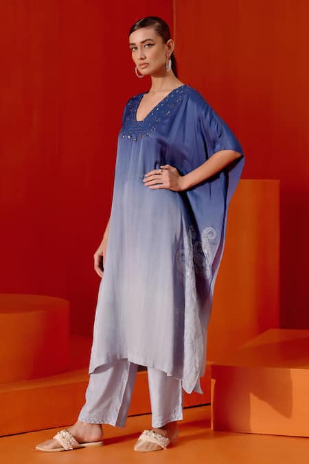 Shop_Devnaagri_Blue Cotton, Satin, Embroidery, Work Ombre Kaftan And Palazzo Set _Online_at_Aza_Fashions