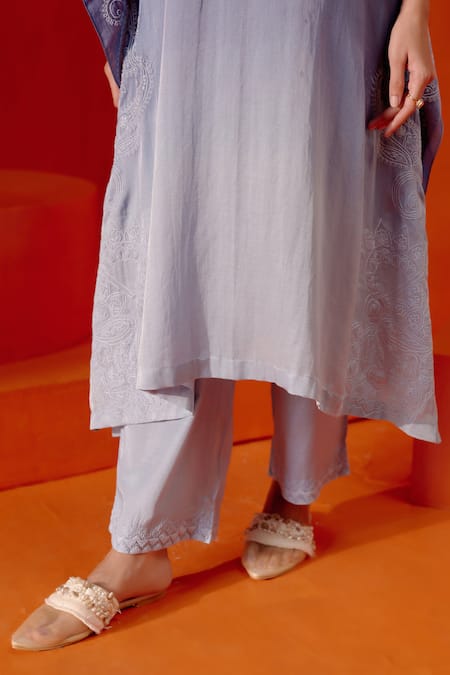 Devnaagri_Blue Cotton, Satin, Embroidery, Work Ombre Kaftan And Palazzo Set _at_Aza_Fashions