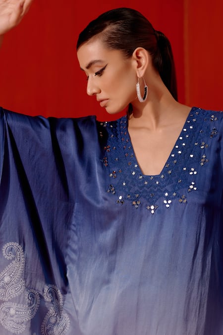 Buy_Devnaagri_Blue Cotton, Satin, Embroidery, Work Ombre Kaftan And Palazzo Set 