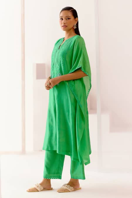 Devnaagri Green Silk Organza, Silk, Chanderi Embroidery Split V-neck Kaftan And Pant Set Online at Aza Fashions Devnaagri_Green Silk Organza, Silk, Chanderi Embroidery Split V-neck Kaftan And Pant Set _Online_at_Aza_Fashions