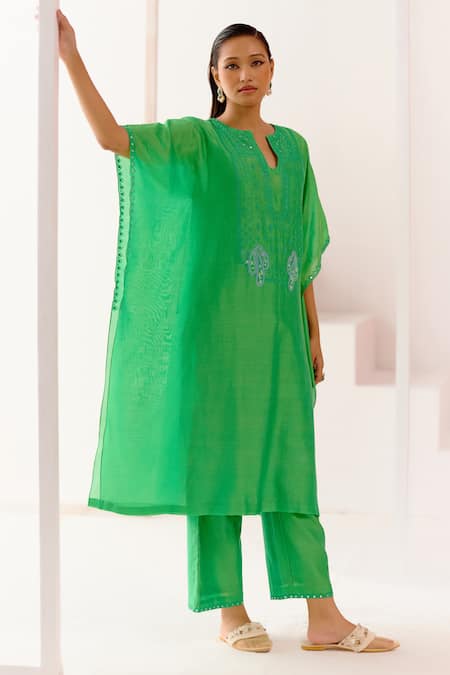 Buy Devnaagri Green Silk Organza, Silk, Chanderi Embroidery Split V-neck Kaftan And Pant Set Online at Aza Fashions Buy_Devnaagri_Green Silk Organza, Silk, Chanderi Embroidery Split V-neck Kaftan And Pant Set _Online_at_Aza_Fashions