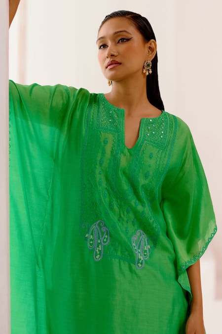Shop Devnaagri Green Silk Organza, Silk, Chanderi Embroidery Split V-neck Kaftan And Pant Set Online at Aza Fashions Shop_Devnaagri_Green Silk Organza, Silk, Chanderi Embroidery Split V-neck Kaftan And Pant Set _Online_at_Aza_Fashions