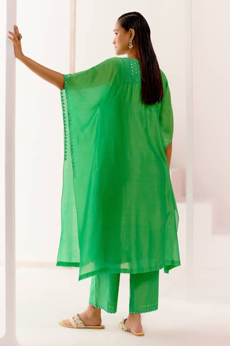 Shop Devnaagri Green Silk Organza, Silk, Chanderi Embroidery Split V-neck Kaftan And Pant Set at Aza Fashions Shop_Devnaagri_Green Silk Organza, Silk, Chanderi Embroidery Split V-neck Kaftan And Pant Set _at_Aza_Fashions
