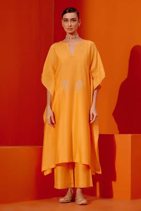 Devnaagri_Orange Silk, Chanderi Embroidery Notched Neck Kaftan And Pant Set _Online_at_Aza_Fashions