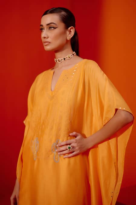 Buy_Devnaagri_Orange Silk, Chanderi Embroidery Notched Neck Kaftan And Pant Set _Online_at_Aza_Fashions