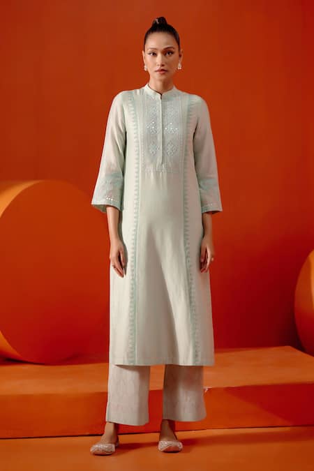 Devnaagri Blue , Cotton, Wool, Organza Patra And Dori Work Kurta Palazzo Set Online at Aza Fashions Devnaagri_Blue , Cotton, Wool, Organza Patra And Dori Work Kurta Palazzo Set _Online_at_Aza_Fashions