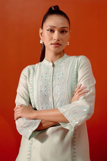 Shop Devnaagri Blue , Cotton, Wool, Organza Patra And Dori Work Kurta Palazzo Set Online at Aza Fashions Shop_Devnaagri_Blue , Cotton, Wool, Organza Patra And Dori Work Kurta Palazzo Set _Online_at_Aza_Fashions