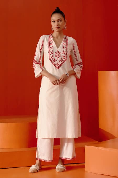 Shop Devnaagri Ivory Chanderi, Silk Organza Embroidery Printed And Dori Work Kurta Palazzo Set at Aza Fashions Shop_Devnaagri_Ivory Chanderi, Silk Organza Embroidery Printed And Dori Work Kurta Palazzo Set _at_Aza_Fashions