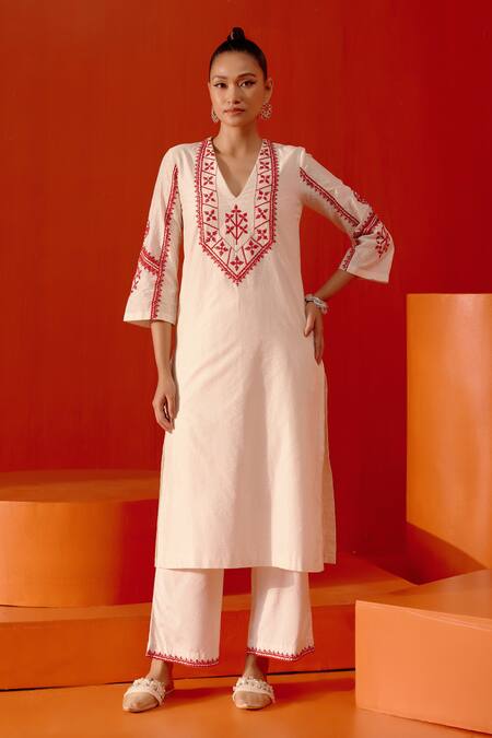 Devnaagri Ivory Chanderi, Silk Organza Embroidery Printed And Dori Work Kurta Palazzo Set at Aza Fashions Devnaagri_Ivory Chanderi, Silk Organza Embroidery Printed And Dori Work Kurta Palazzo Set _at_Aza_Fashions