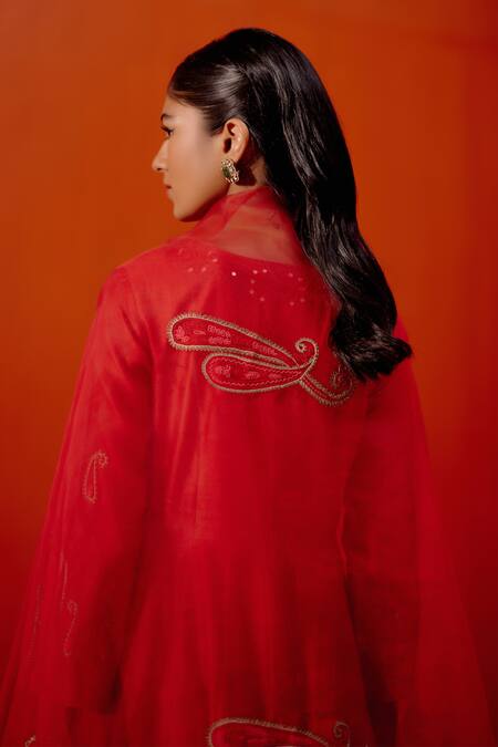 Shop Devnaagri Red Chanderi, Silk Organza Diamonds, Embroidery Dori And Patra Anarkali Set Online at Aza Fashions Shop_Devnaagri_Red Chanderi, Silk Organza Diamonds, Embroidery Dori And Patra Anarkali Set _Online_at_Aza_Fashions