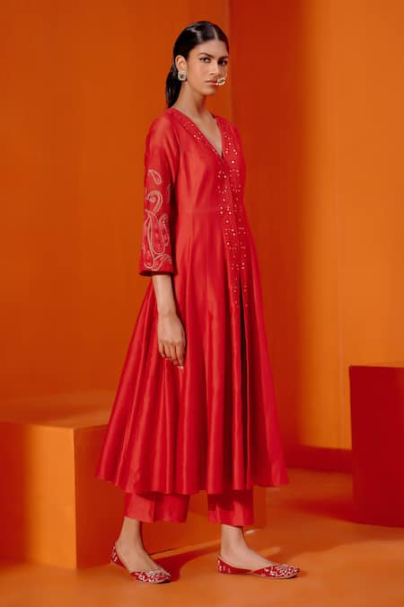 Devnaagri Red Chanderi, Silk Organza Diamonds, Embroidery Dori And Patra Anarkali Set at Aza Fashions Devnaagri_Red Chanderi, Silk Organza Diamonds, Embroidery Dori And Patra Anarkali Set _at_Aza_Fashions