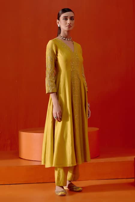 Shop Devnaagri Yellow Chanderi, Silk Organza Embroidery, Dori And Patra Anarkali Palazzo Set Online at Aza Fashions Shop_Devnaagri_Yellow Chanderi, Silk Organza Embroidery, Dori And Patra Anarkali Palazzo Set _Online_at_Aza_Fashions