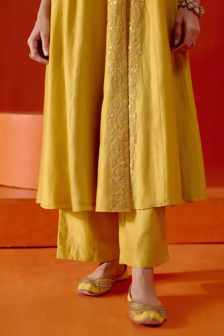 Devnaagri Yellow Chanderi, Silk Organza Embroidery, Dori And Patra Anarkali Palazzo Set at Aza Fashions Devnaagri_Yellow Chanderi, Silk Organza Embroidery, Dori And Patra Anarkali Palazzo Set _at_Aza_Fashions