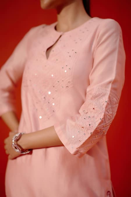 Shop Devnaagri Pink Chanderi, Silk Organza Embroidery, Dori And Patra Work Kurta Palazzo Set Online at Aza Fashions Shop_Devnaagri_Pink Chanderi, Silk Organza Embroidery, Dori And Patra Work Kurta Palazzo Set _Online_at_Aza_Fashions