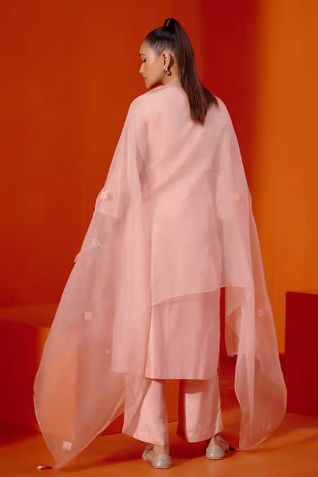 Shop Devnaagri Pink Chanderi, Silk Organza Embroidery, Dori And Patra Work Kurta Palazzo Set at Aza Fashions Shop_Devnaagri_Pink Chanderi, Silk Organza Embroidery, Dori And Patra Work Kurta Palazzo Set _at_Aza_Fashions
