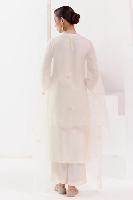Shop Devnaagri Ivory Chanderi, Silk Organza Embroidery Patra And Dori Work Kurta Palazzo Set at Aza Fashions Shop_Devnaagri_Ivory Chanderi, Silk Organza Embroidery Patra And Dori Work Kurta Palazzo Set _at_Aza_Fashions