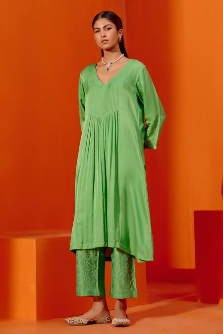 Devnaagri_Green Silk, Chanderi, Cotton Embroidery V-neck Gathered Kurta Palazzo Set _Online_at_Aza_Fashions