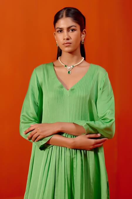 Buy_Devnaagri_Green Silk, Chanderi, Cotton Embroidery V-neck Gathered Kurta Palazzo Set _Online_at_Aza_Fashions