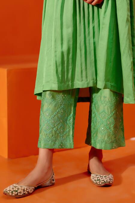 Shop_Devnaagri_Green Silk, Chanderi, Cotton Embroidery V-neck Gathered Kurta Palazzo Set _Online_at_Aza_Fashions
