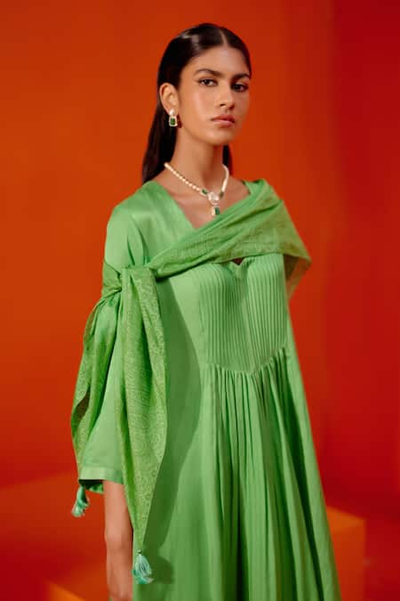 Devnaagri_Green Silk, Chanderi, Cotton Embroidery V-neck Gathered Kurta Palazzo Set _at_Aza_Fashions