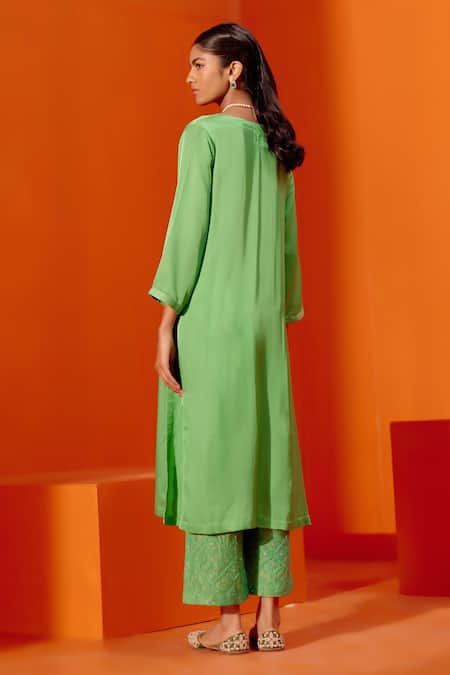 Shop_Devnaagri_Green Silk, Chanderi, Cotton Embroidery V-neck Gathered Kurta Palazzo Set _at_Aza_Fashions