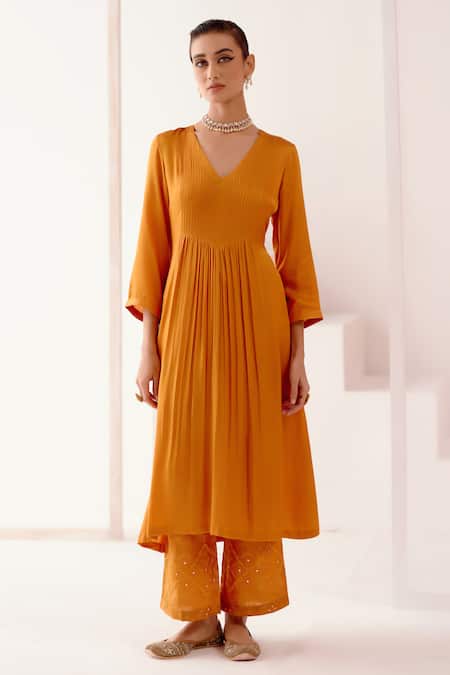 Devnaagri_Orange Silk, Chanderi, Cotton Gathered Kurta Set With Block Print Scarf _Online_at_Aza_Fashions