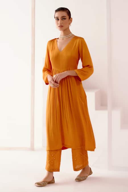 Buy_Devnaagri_Orange Silk, Chanderi, Cotton Gathered Kurta Set With Block Print Scarf _Online_at_Aza_Fashions