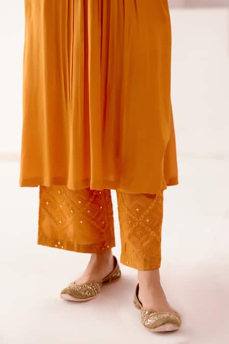 Shop_Devnaagri_Orange Silk, Chanderi, Cotton Gathered Kurta Set With Block Print Scarf _Online_at_Aza_Fashions