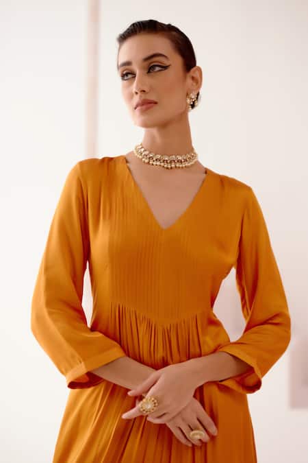 Devnaagri_Orange Silk, Chanderi, Cotton Gathered Kurta Set With Block Print Scarf _at_Aza_Fashions