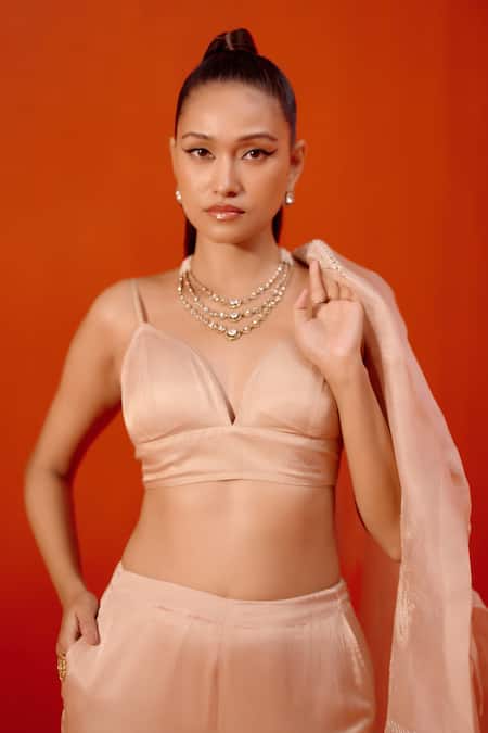 Shop Devnaagri Beige Cotton Satin Embroidery Sweetheart Neck Cape With Pant Set Online at Aza Fashions Shop_Devnaagri_Beige Cotton Satin Embroidery Sweetheart Neck Cape With Pant Set _Online_at_Aza_Fashions