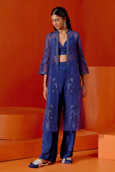 Devnaagri Blue Cotton Satin Embroidery Sweetheart Neck Dori Cape And Pant Set Online at Aza Fashions Devnaagri_Blue Cotton Satin Embroidery Sweetheart Neck Dori Cape And Pant Set _Online_at_Aza_Fashions