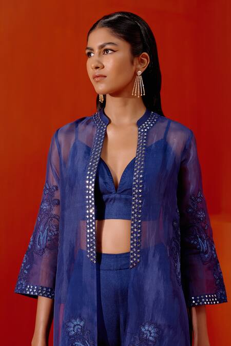Shop Devnaagri Blue Cotton Satin Embroidery Sweetheart Neck Dori Cape And Pant Set Online at Aza Fashions Shop_Devnaagri_Blue Cotton Satin Embroidery Sweetheart Neck Dori Cape And Pant Set _Online_at_Aza_Fashions