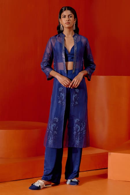 Devnaagri Blue Organza And Cotton Satin Embroidered Dori & Patra Cape & Pant Set 