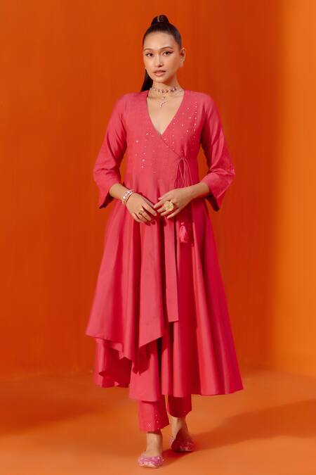Devnaagri Pink Cotton, Silk Embroidery Plunge Neck Floral Dori Angarkha Pant Set Online at Aza Fashions Devnaagri_Pink Cotton, Silk Embroidery Plunge Neck Floral Dori Angarkha Pant Set _Online_at_Aza_Fashions
