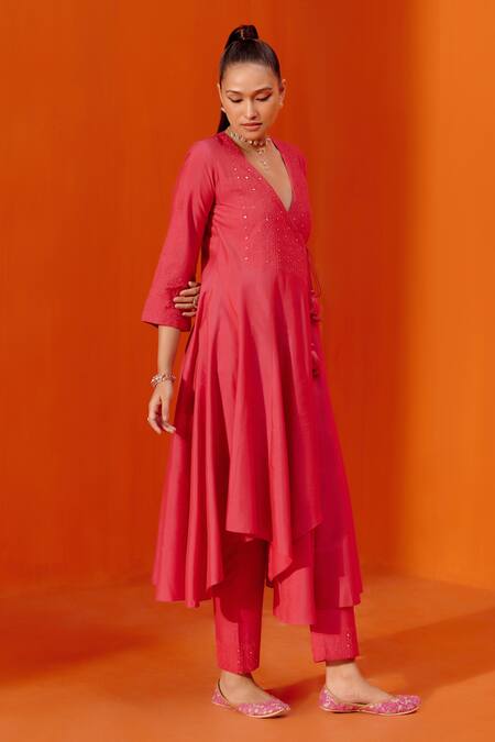 Buy Devnaagri Pink Cotton, Silk Embroidery Plunge Neck Floral Dori Angarkha Pant Set Online at Aza Fashions Buy_Devnaagri_Pink Cotton, Silk Embroidery Plunge Neck Floral Dori Angarkha Pant Set _Online_at_Aza_Fashions