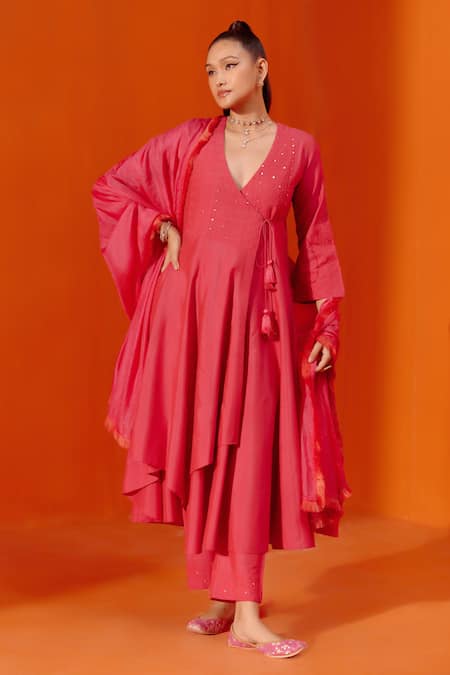 Devnaagri Pink Cotton Blend And Tabby Floral Angarkha Pant Set 