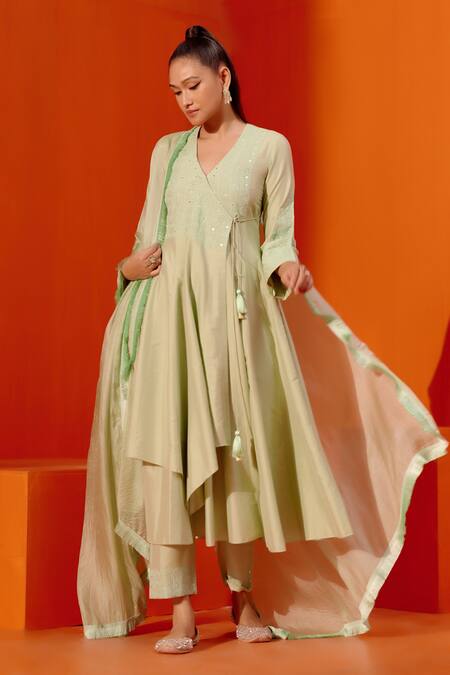 Devnaagri_Green Cotton, Silk Embroidery Plunge Neck Dori Angarkha Pant Set _Online_at_Aza_Fashions