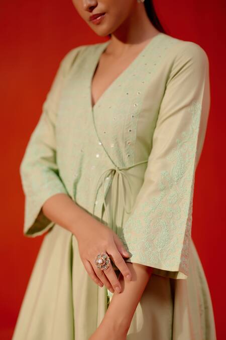 Shop_Devnaagri_Green Cotton, Silk Embroidery Plunge Neck Dori Angarkha Pant Set _Online_at_Aza_Fashions