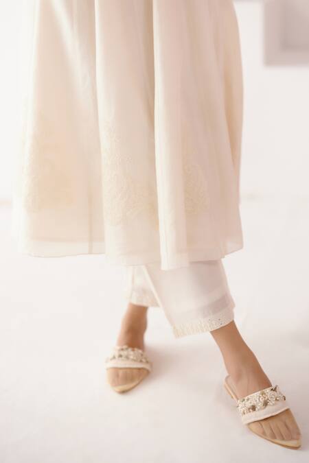 Devnaagri_Ivory Chanderi, Silk Organza Embroidery, Diamonds Patra Embellished Anarkali Set _Online_at_Aza_Fashions