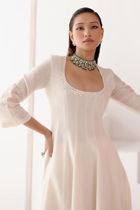 Buy_Devnaagri_Ivory Chanderi, Silk Organza Embroidery, Diamonds Patra Embellished Anarkali Set _Online_at_Aza_Fashions