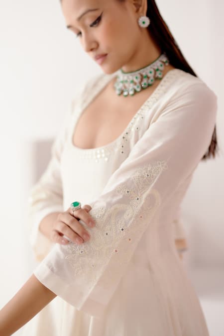Shop_Devnaagri_Ivory Chanderi, Silk Organza Embroidery, Diamonds Patra Embellished Anarkali Set _Online_at_Aza_Fashions