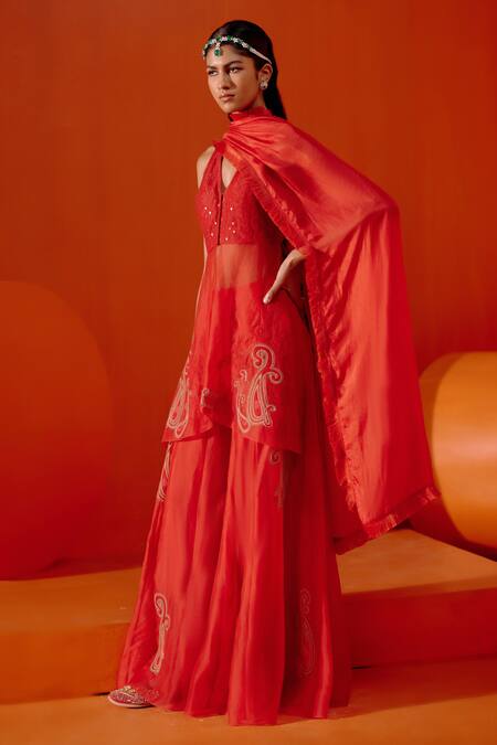 Devnaagri_Red Organza, Embroidery V-neck Dori Sharara Set _Online_at_Aza_Fashions